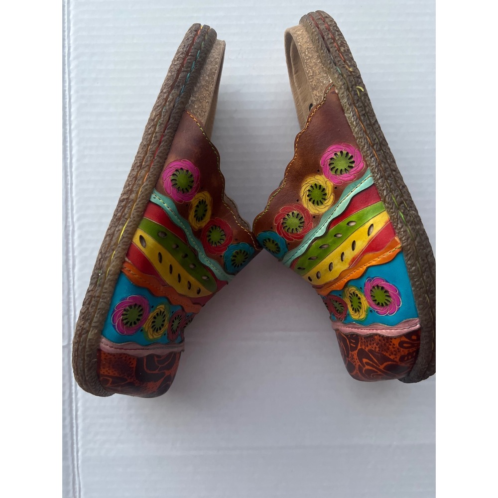 Socofy Womens Leather Mules Bohemian Floral Slip On Clogs Multi Color Size 37‎ - Picture 4 of 8
